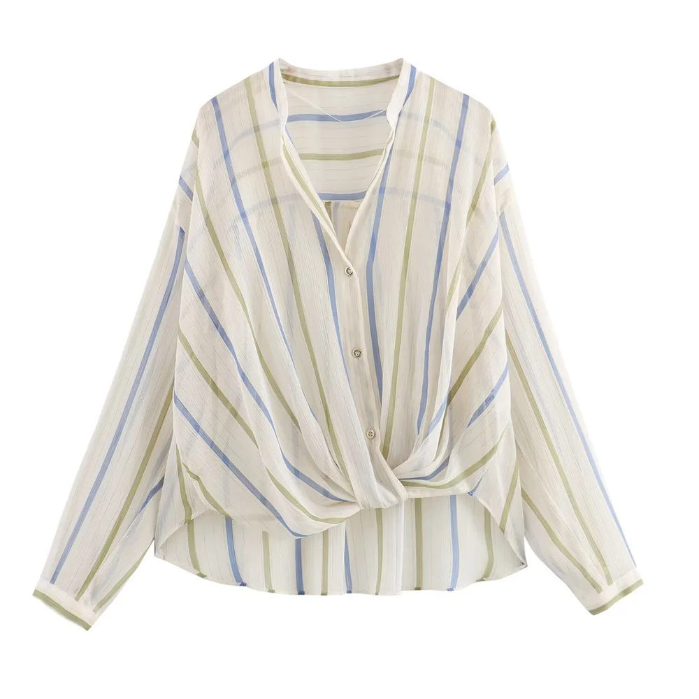 Stylish Women’s Fashionable Casual Striped Lapel Shirt Long Sleeve Versatile Metal Tone Accent Autumn Blouse for a chic look.