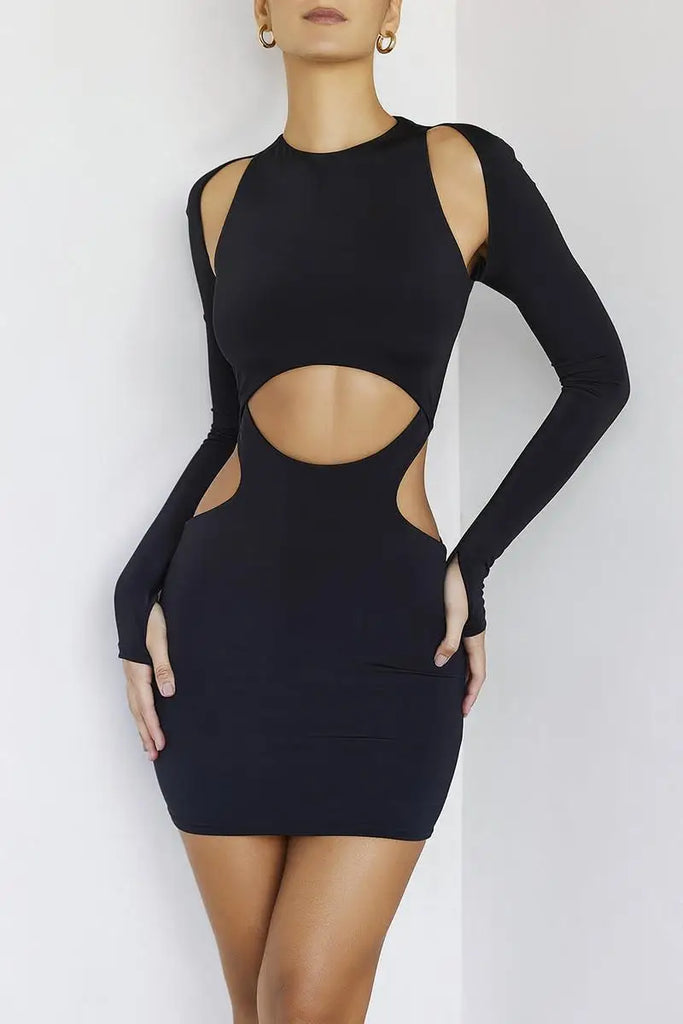 Black Long Sleeve Bodycon Dress Hollow Out Turtleneck Party