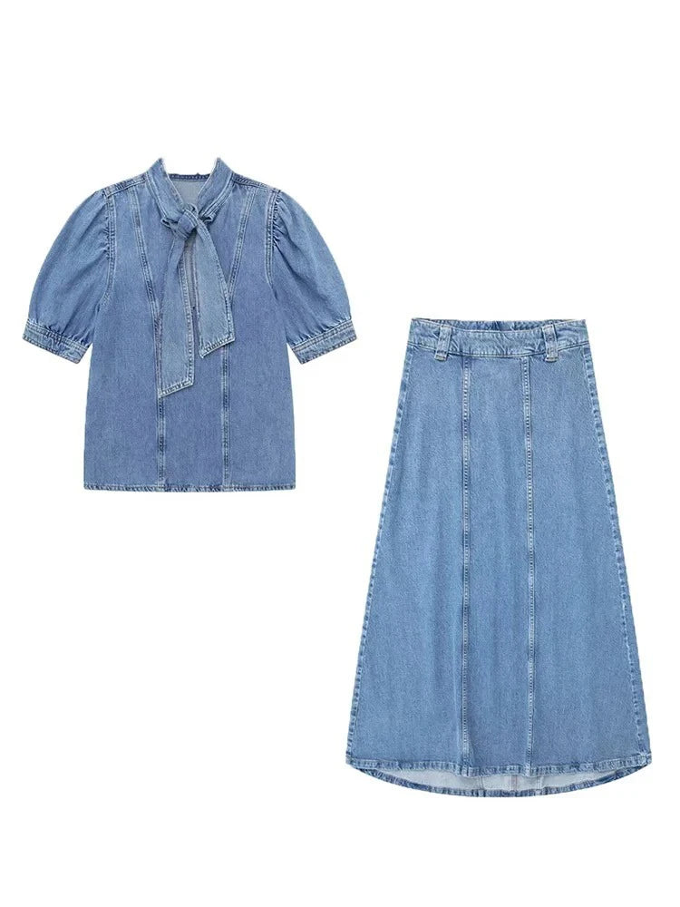 Denim Two Piece Set Women Bow Tie Shirt High Waisted Skirt