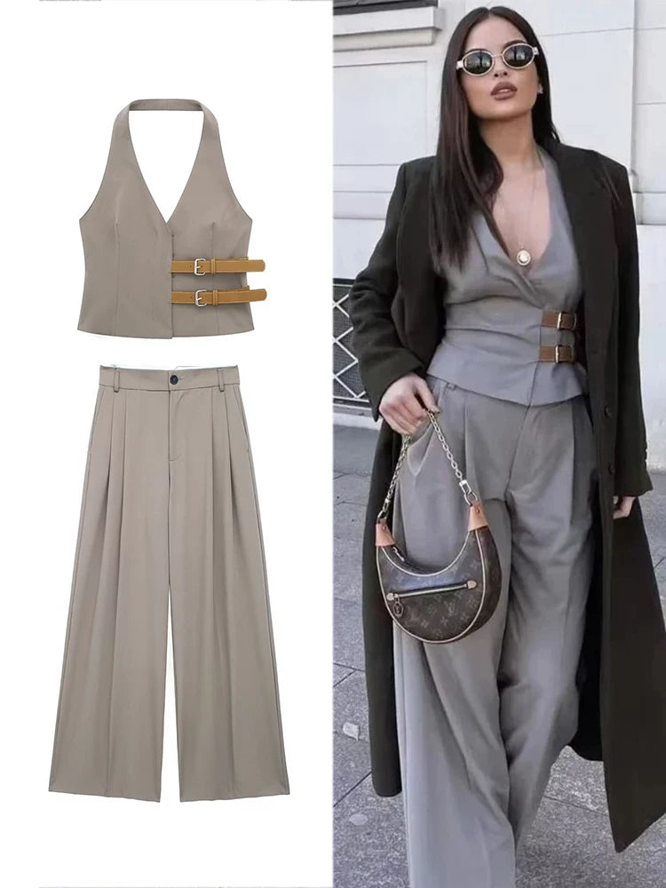 Stylish Women's Two-Piece Suit Set with Belt Halter V-Neck Top and High-Waisted Pleated Pants, perfect for any occasion.