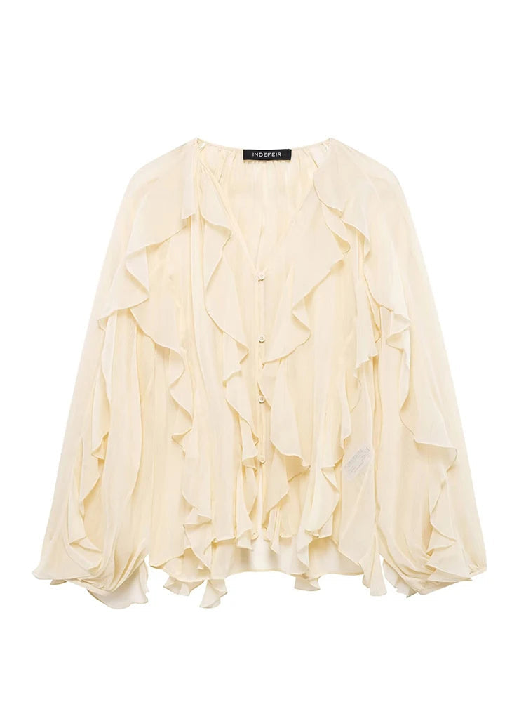 Elegant Solid Color Multi-Layered Ruffle V-Neck Sheer Long Sleeve Loose Blouse for Women by TRAF, perfect for spring.