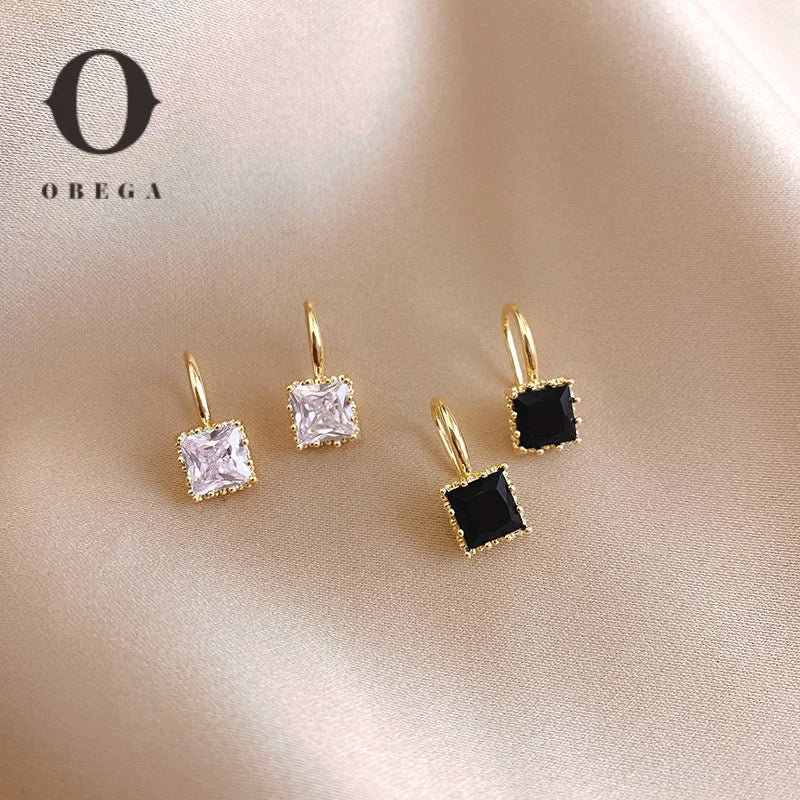 Elegant Gold Plated Square Crystal Stone Earrings for Women with Clear and Black Crystals, perfect for sophisticated style.