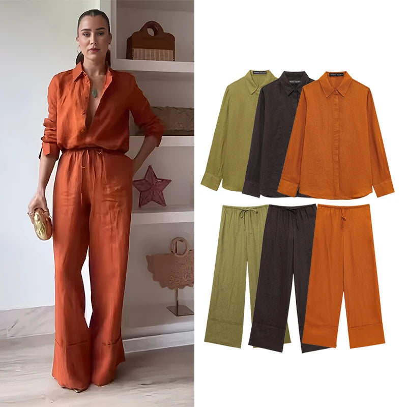 Wide Leg Pants and Long Sleeve Casual Shirt Two Piece Set for Women Stylish Comfortable Fashionable Suit Outfit