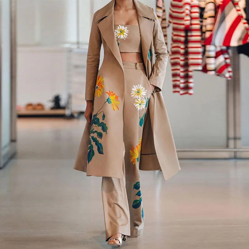 Women's Three-Piece Set With Tank Top And Printed Long Coat And Flared Trousers