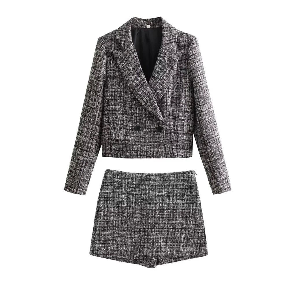 Casual Checkered Two-Piece Women's Suit Set with Short Coat and Half Skirt for Stylish Versatile Wear by UNIZERA.
