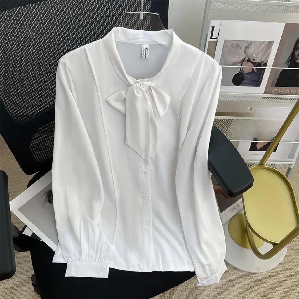 Elegant Women’s White Chiffon Long Sleeve Blouse Korean Style Office Shirt, perfect for sophisticated workwear.