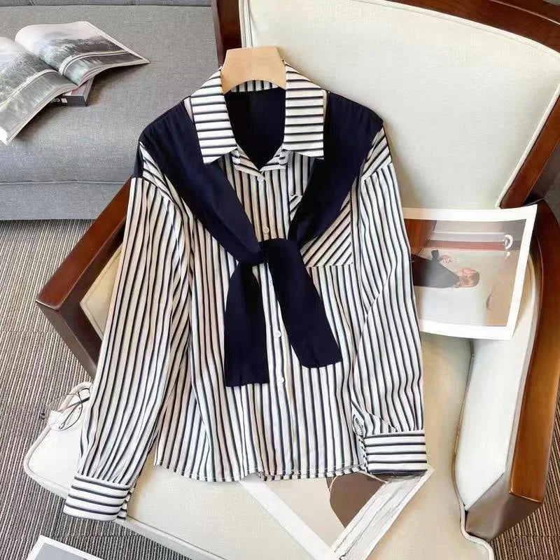 Chic Casual Fake Two Piece Long Sleeve Stripe Shirt for Women Stylish Matching Blouse Top, perfect for a trendy spring look.