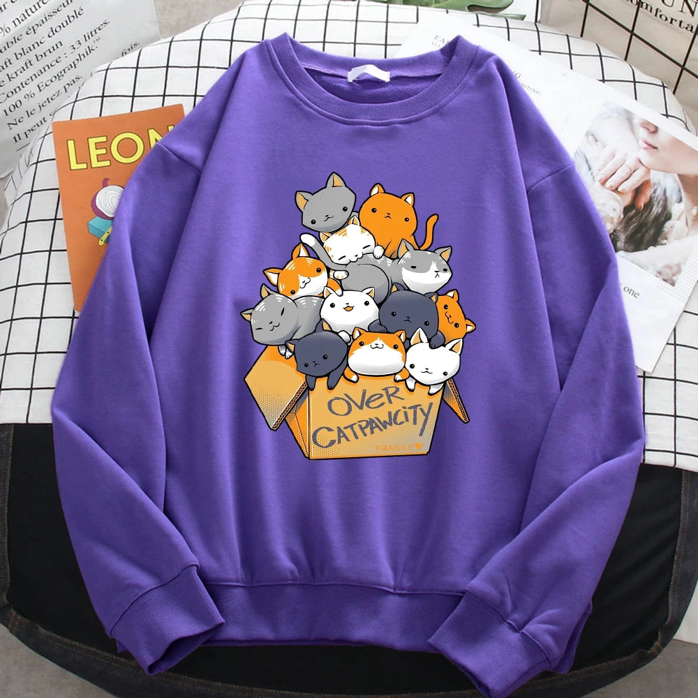 Cat Print Hoodie For Women Fleece Sweatshirt Cozy Crewneck