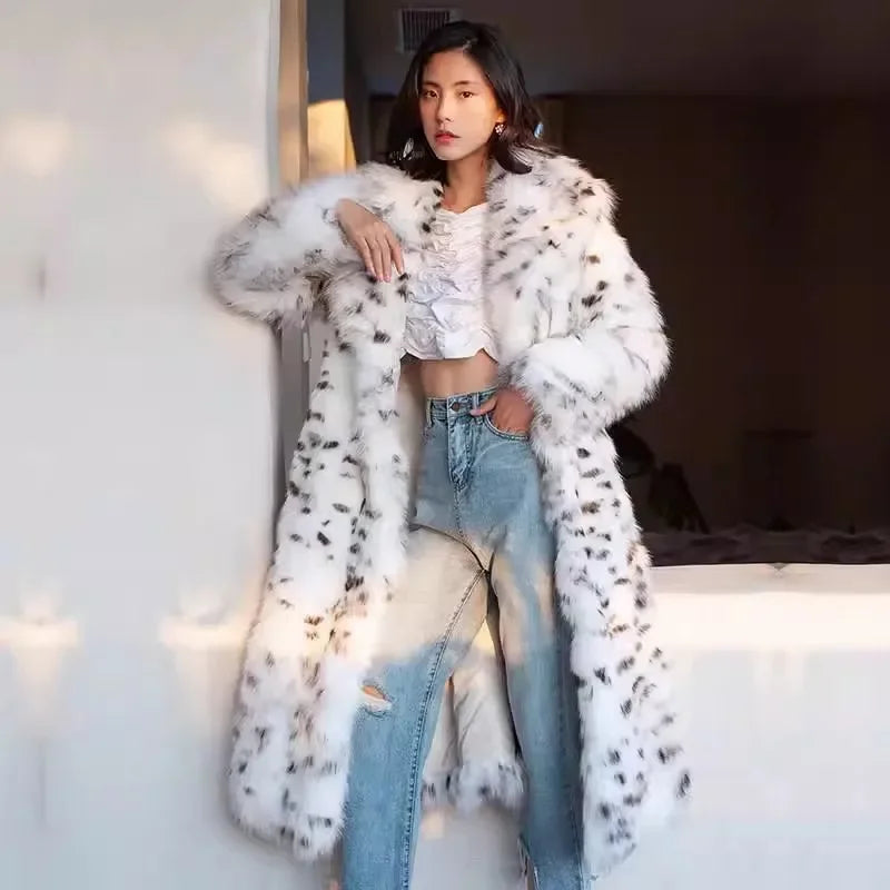 Leopard Print Faux Fur Coat for Women Long Warm Outerwear