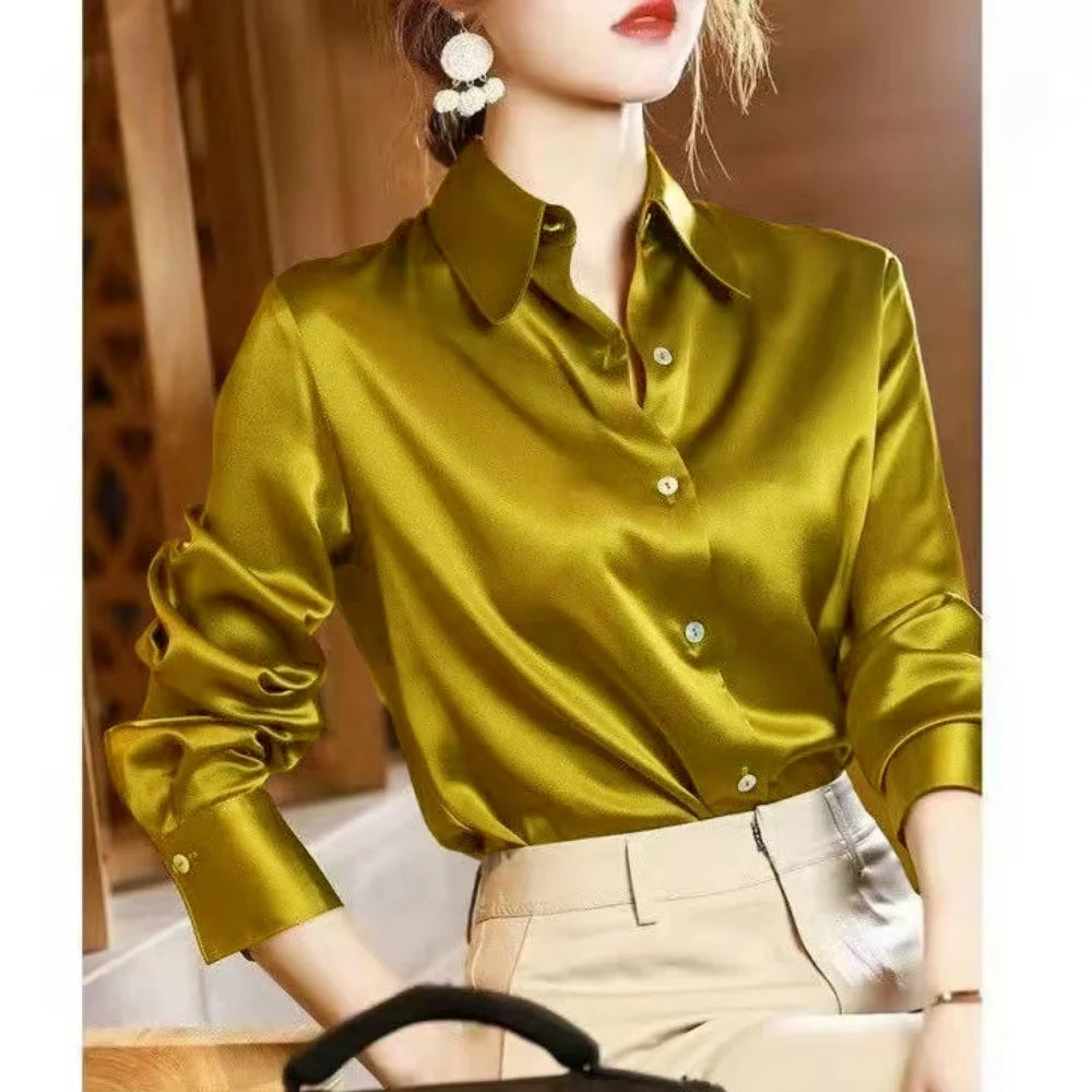 Elegant Satin Long Sleeve Shirt for Women Slim Fit Casual Office Blouse with Transparent Buttons in stylish green hue.