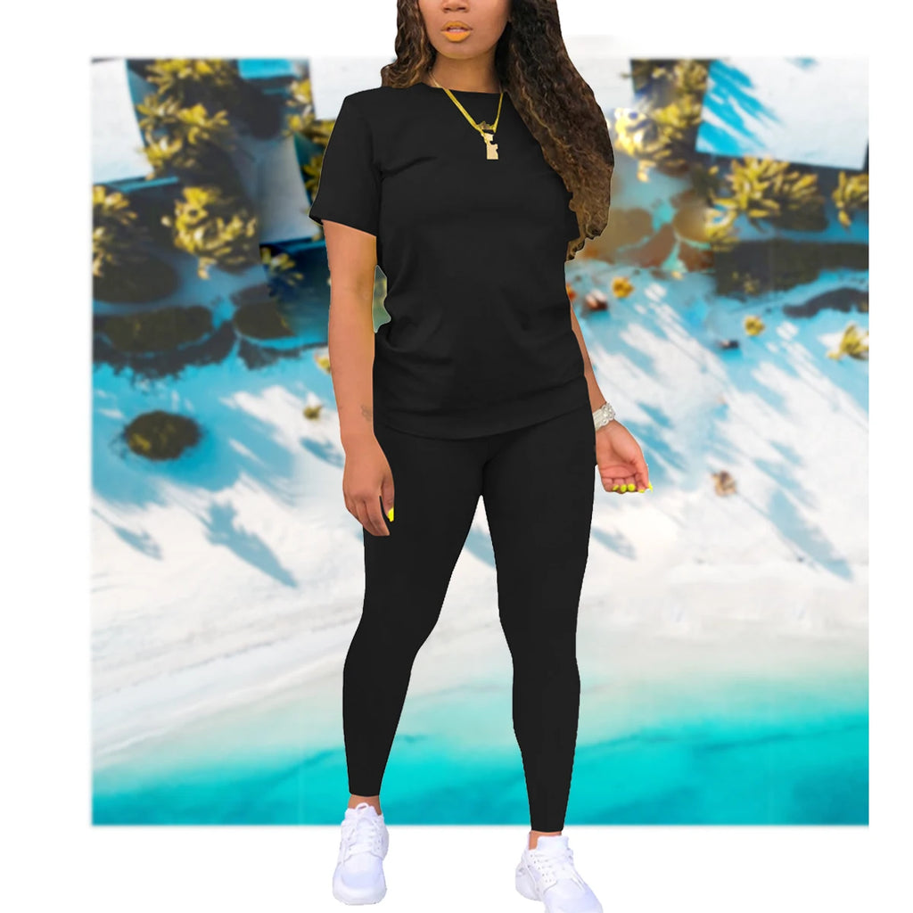 Stylish Two Piece Women’s Summer Short Sleeve Jogger Set for Daily Comfort and Style, perfect for casual outings.