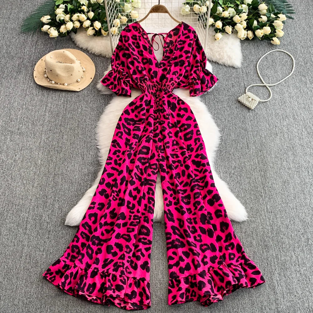 Elevate your style with this Women’s Summer V-Neck Leopard Print Lace-Up Jumpsuit, featuring elegant ruffle details.