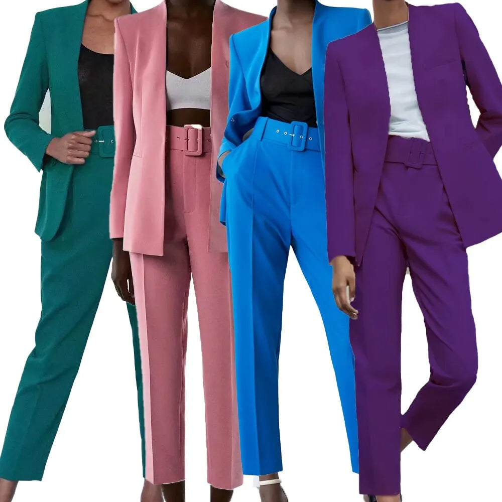 Elevate your style with the Women's Solid Color Office Suit Coat and High Waist Ankle-Length Pants Set, perfect for any occasion.