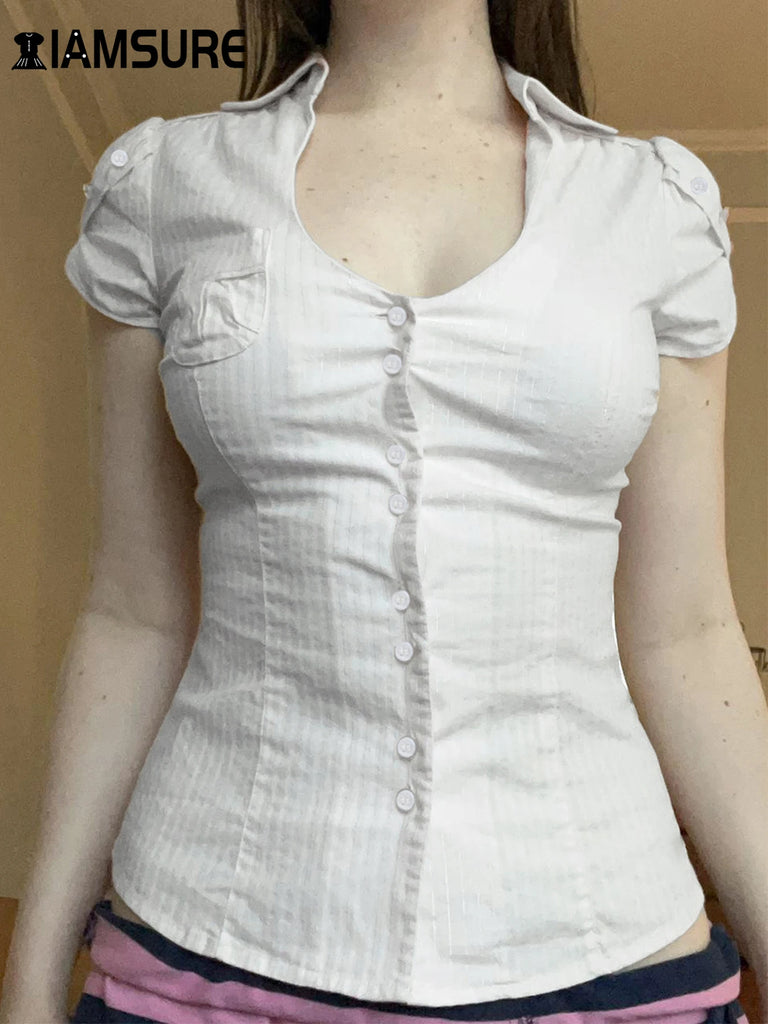 IAMSURE Slim Striped Blouse for Women Casual V-Neck Turn-Down Collar Short Puff Sleeve Summer Shirt in a stylish design.