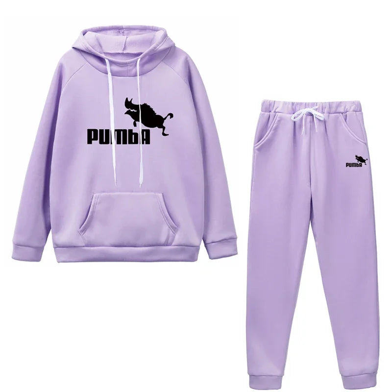 Womens Cute Cat Hoodie Tracksuit High Quality Casual Jogging Outfit Pullover and Pants Set in stylish lavender color.