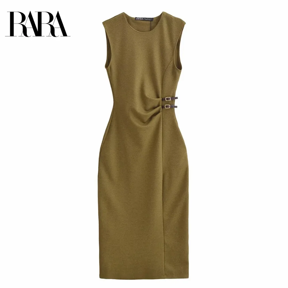 Round Neck Sleeveless Twill Midi Dress With Side Buckle