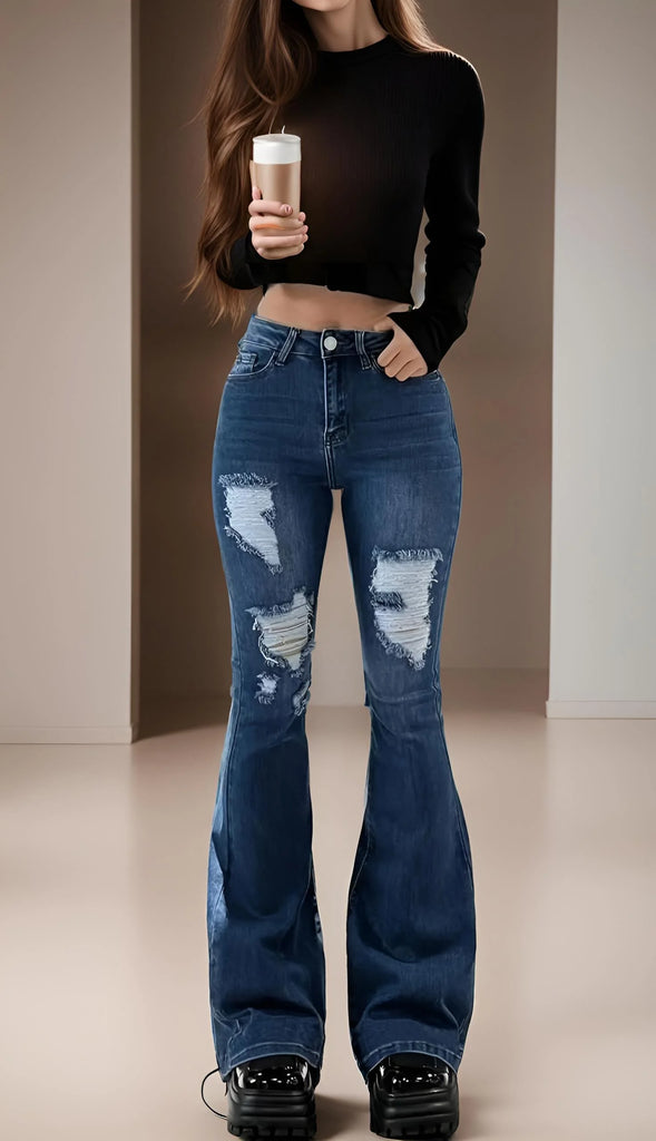 Womens Ripped Flare Jeans Spice Girl Style Denim Pants