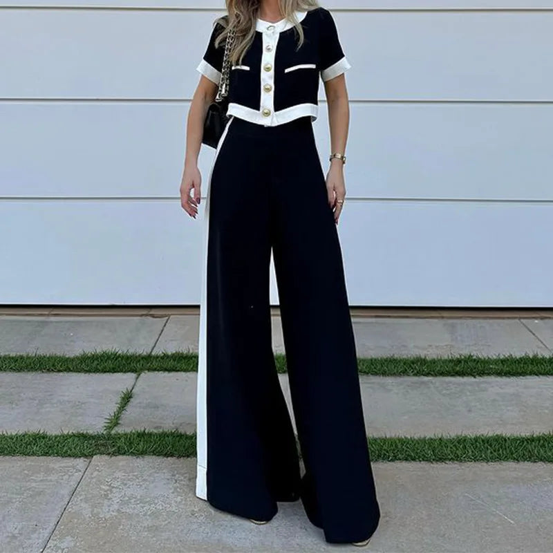 Womens Two Piece Contrasting Color Pantsuit Set Top Trousers