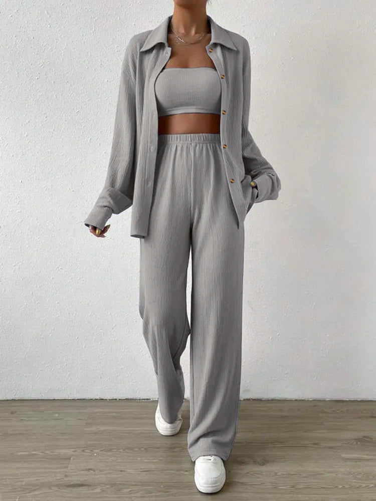 Stylish Casual 2 Piece Knit Outfit for Women, featuring a long sleeve button down shirt and loose wide leg pants for autumn streetwear.