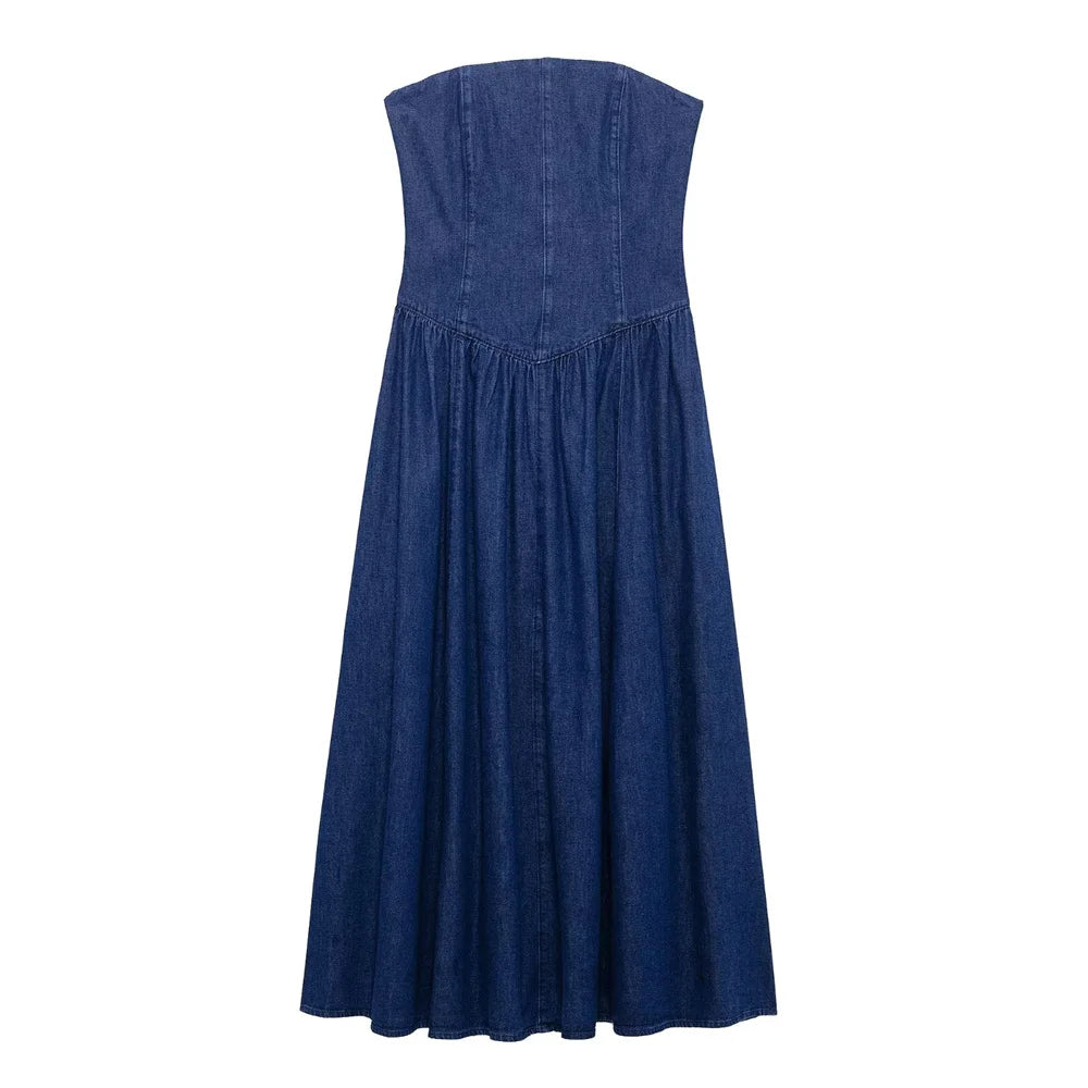 Denim Midi Dress For Women Strapless Backless Zipper Detail