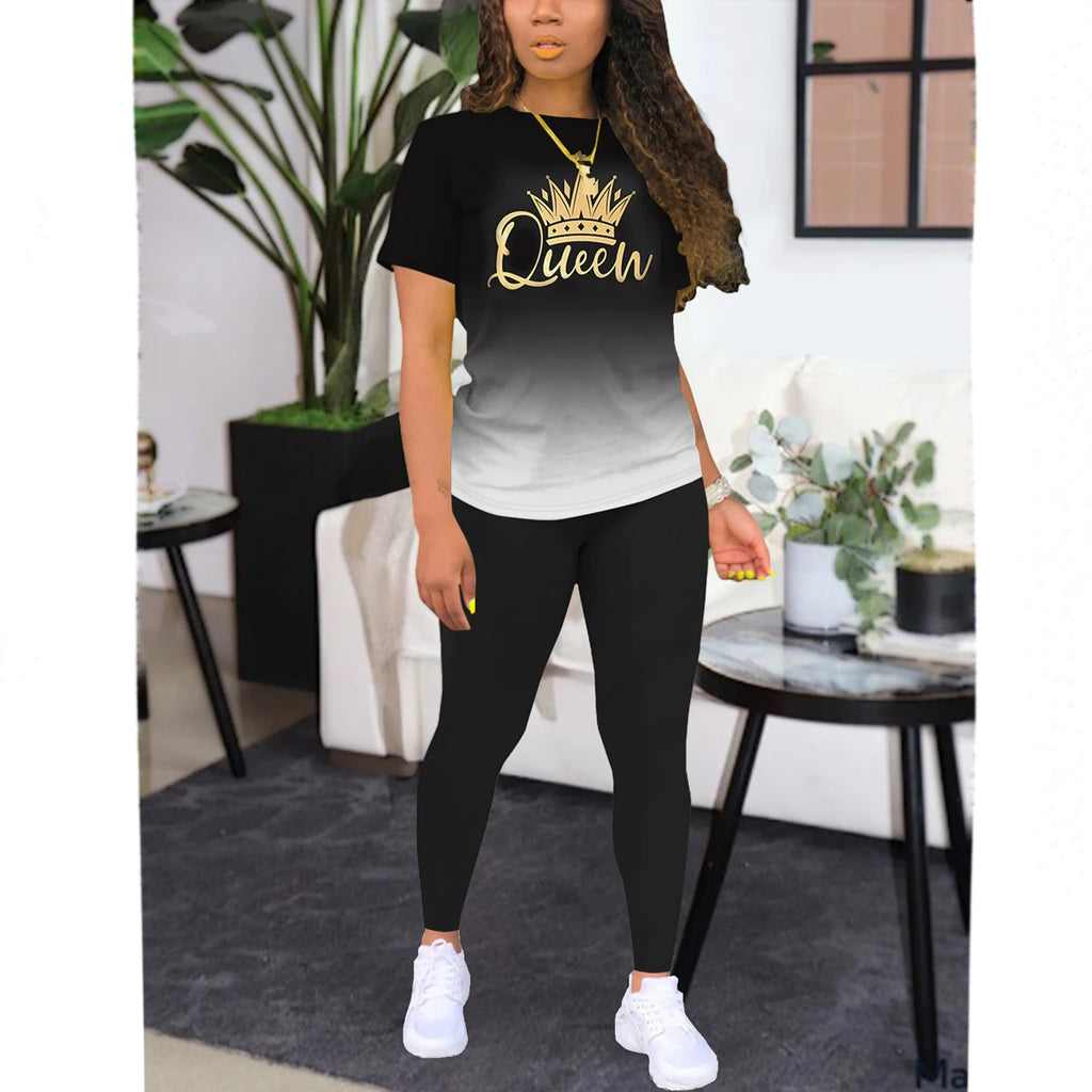 Stylish Women’s Casual Sports Two-Piece Set with Crown Print Short Sleeve Gradient Top and High Waisted Pants.