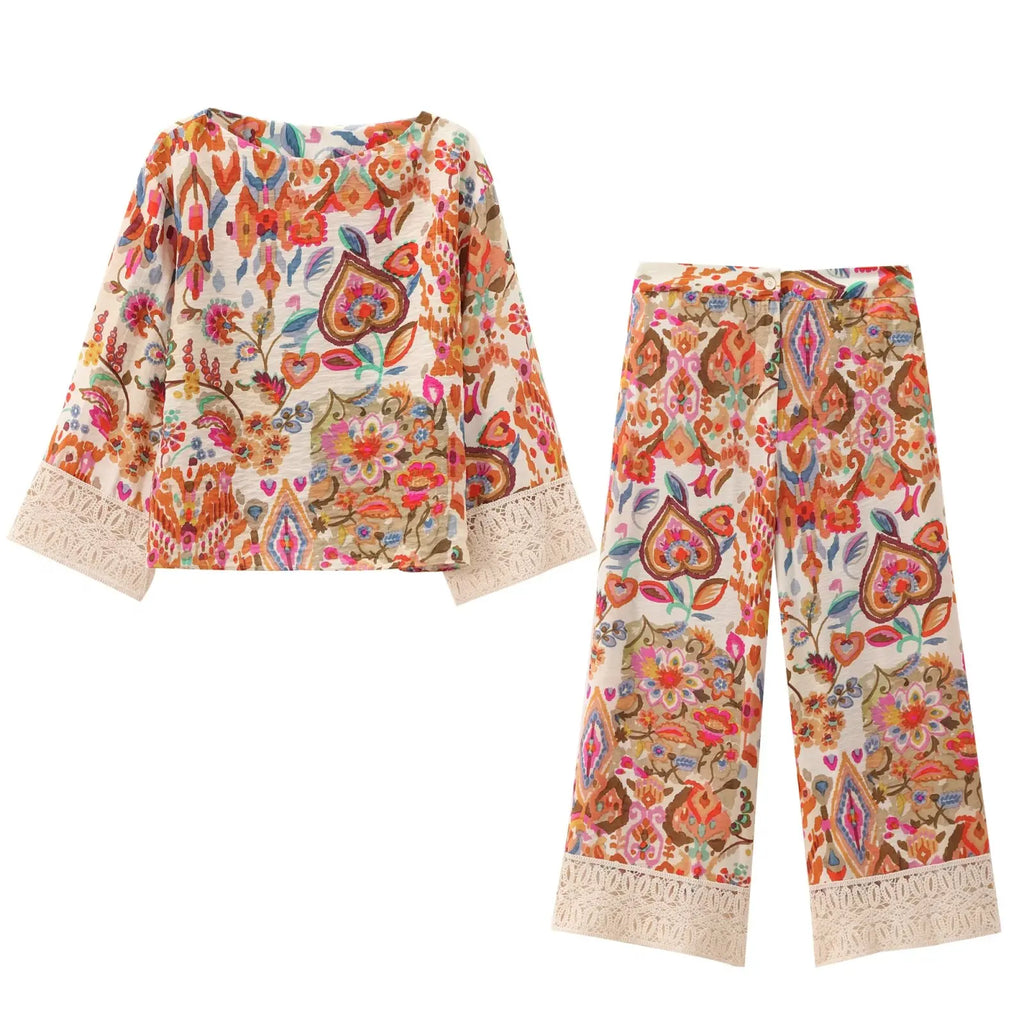 Versatile Women’s Summer Outfit Set With Graffiti Print Long Sleeve Outline Top And High Waist Long Pants, perfect for stylish summer days.