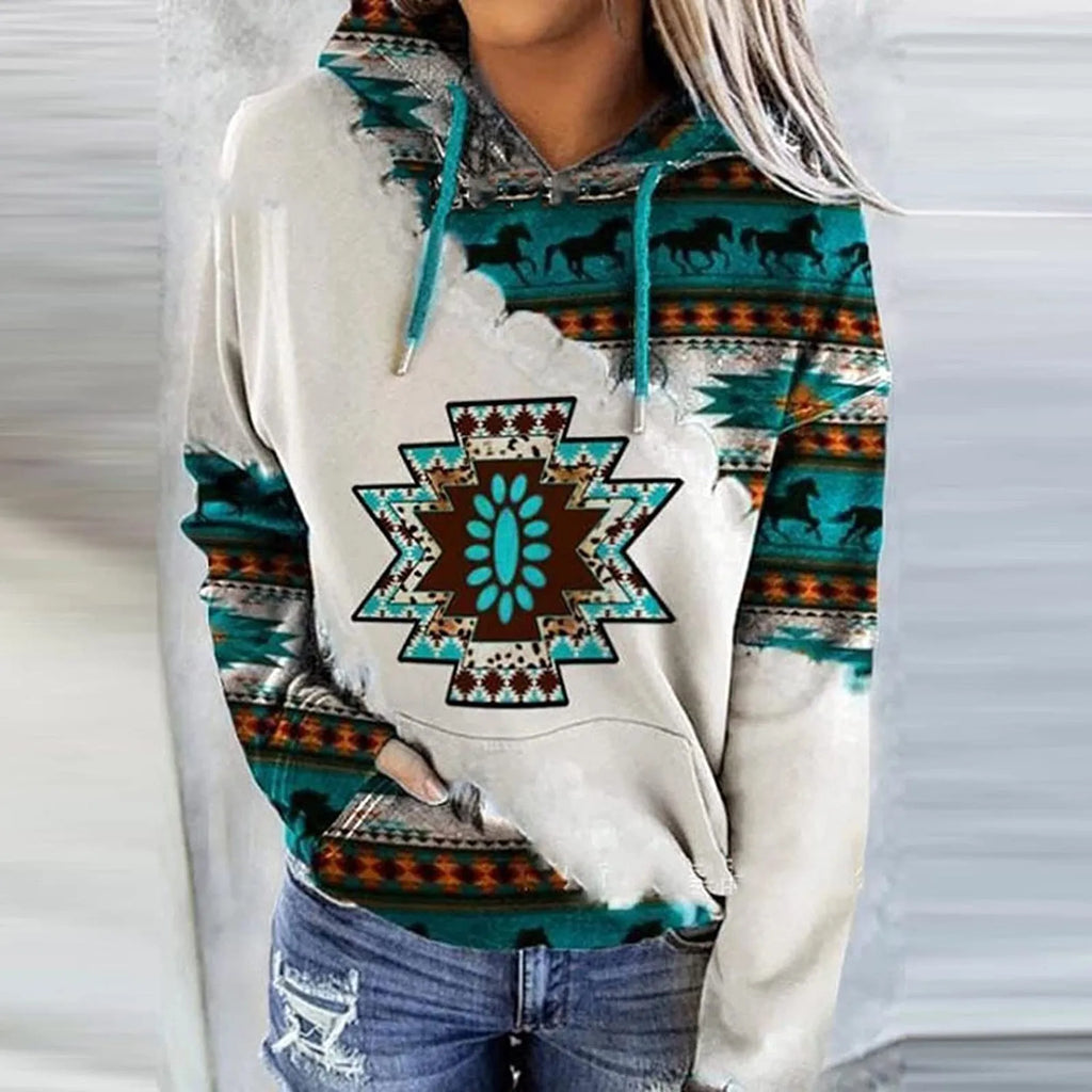 Geometric Horse Print Hooded Sweatshirt With Drawstring