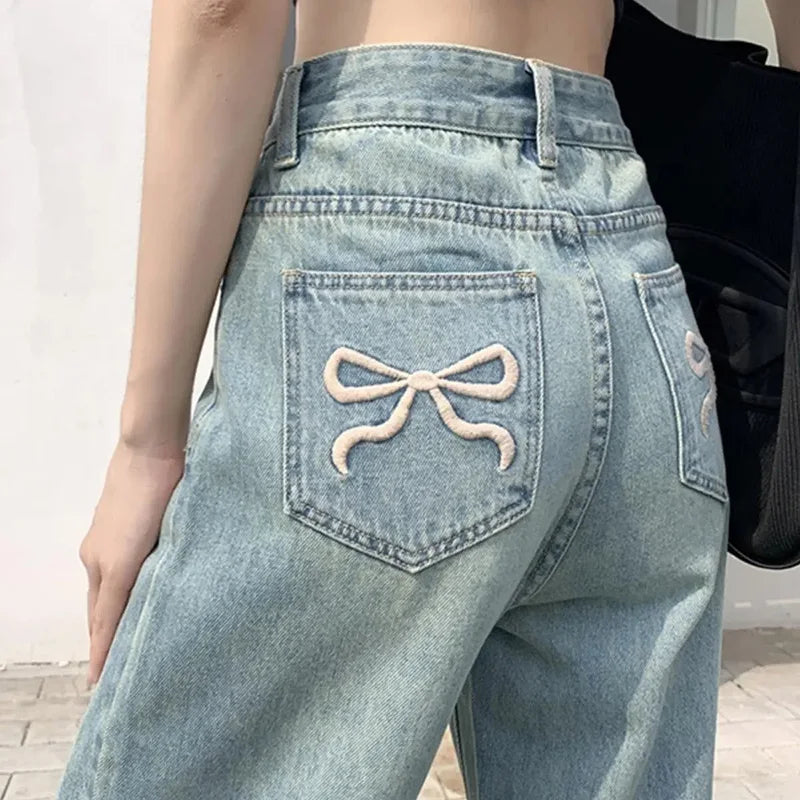 Girls High Waisted Baggy Jeans With Bow Embroidery Style