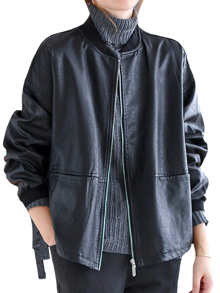 Womens Faux Leather Biker Jacket Vintage Punk PU Coat