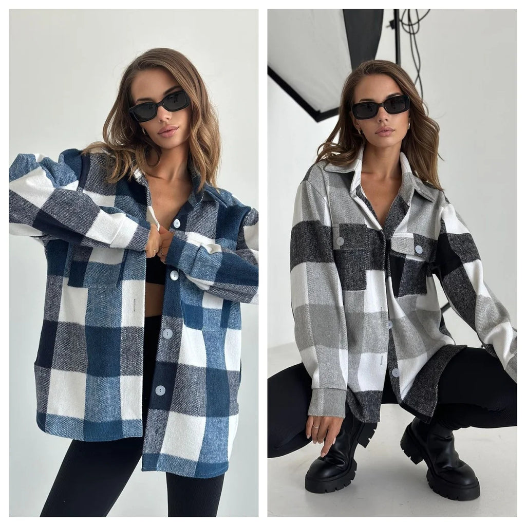 Stylish Women’s Flannel Lapel Plaid Shirt Jacket Long Sleeve Button Down Thin Warm Coat Blouse for Autumn Casual Wear.