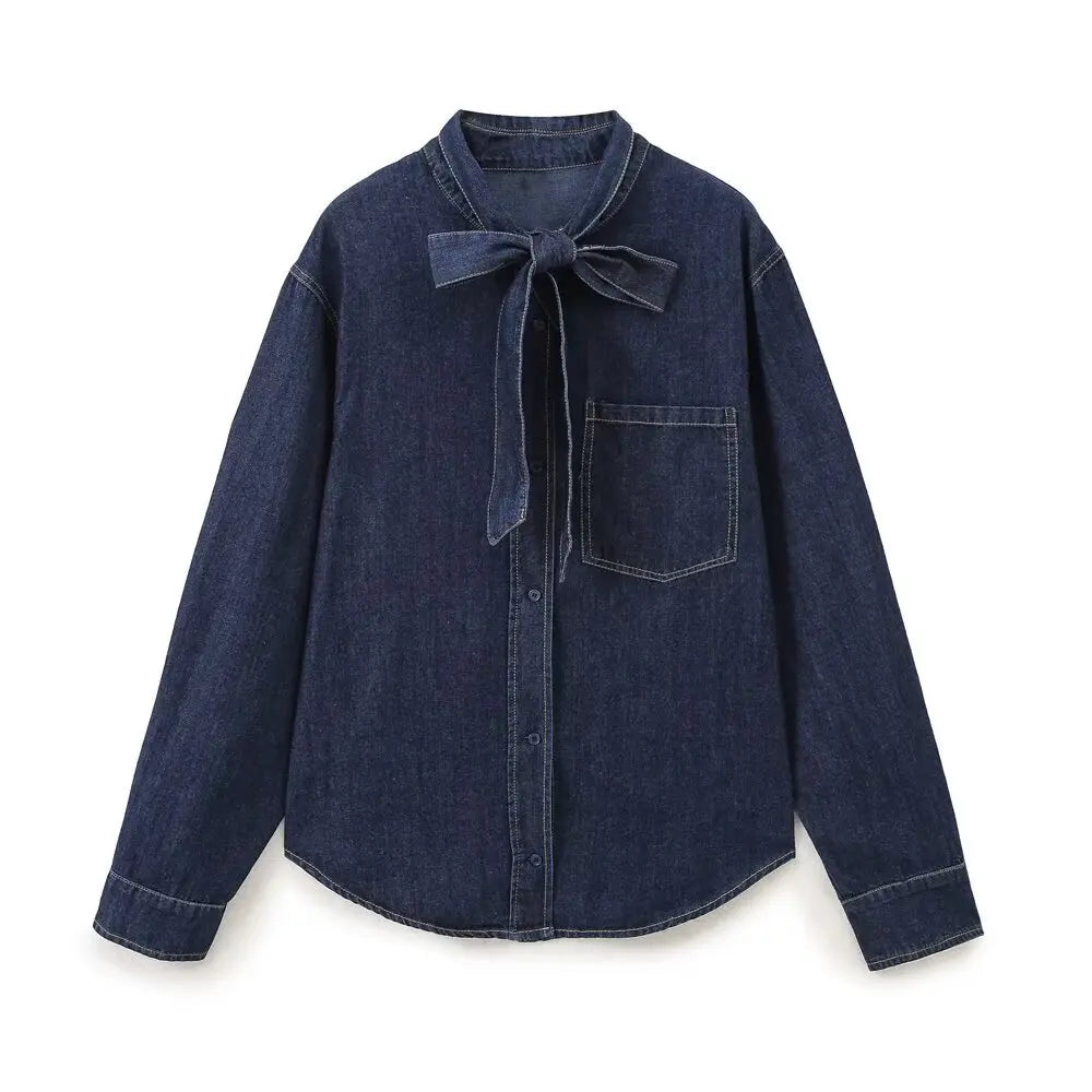 Stylish Women’s Retro Long Sleeve Denim Shirt with French Bow Lapel for Fall and Winter fashion at ZBZA. Perfect for layering!