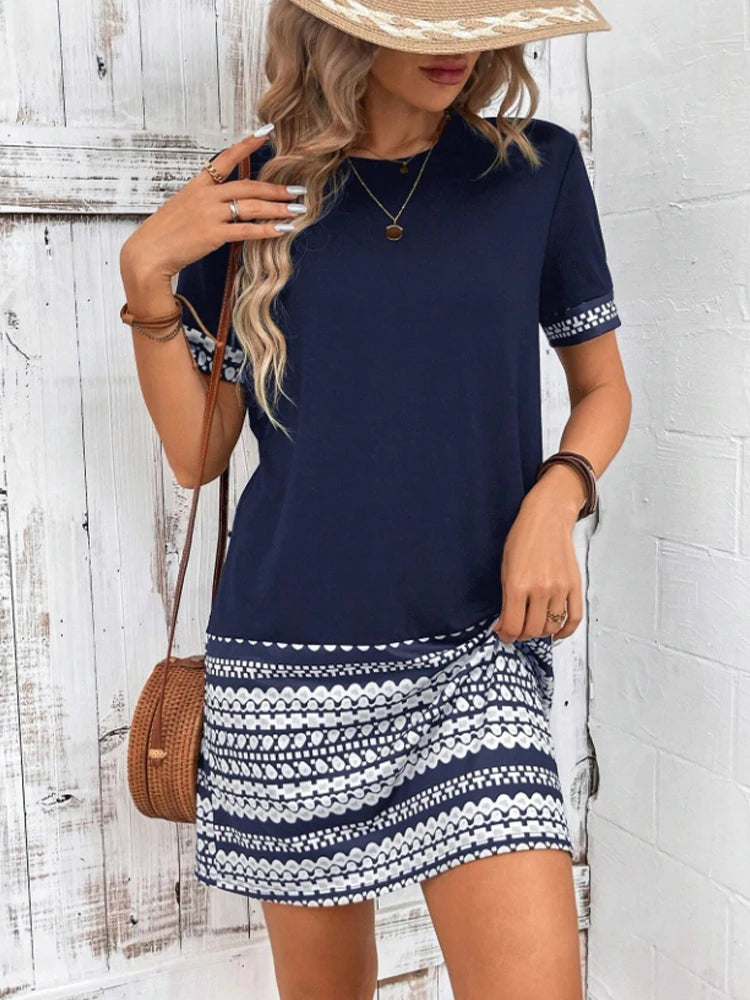 Geometric Print Bodycon Dress for Women Short Sleeve
