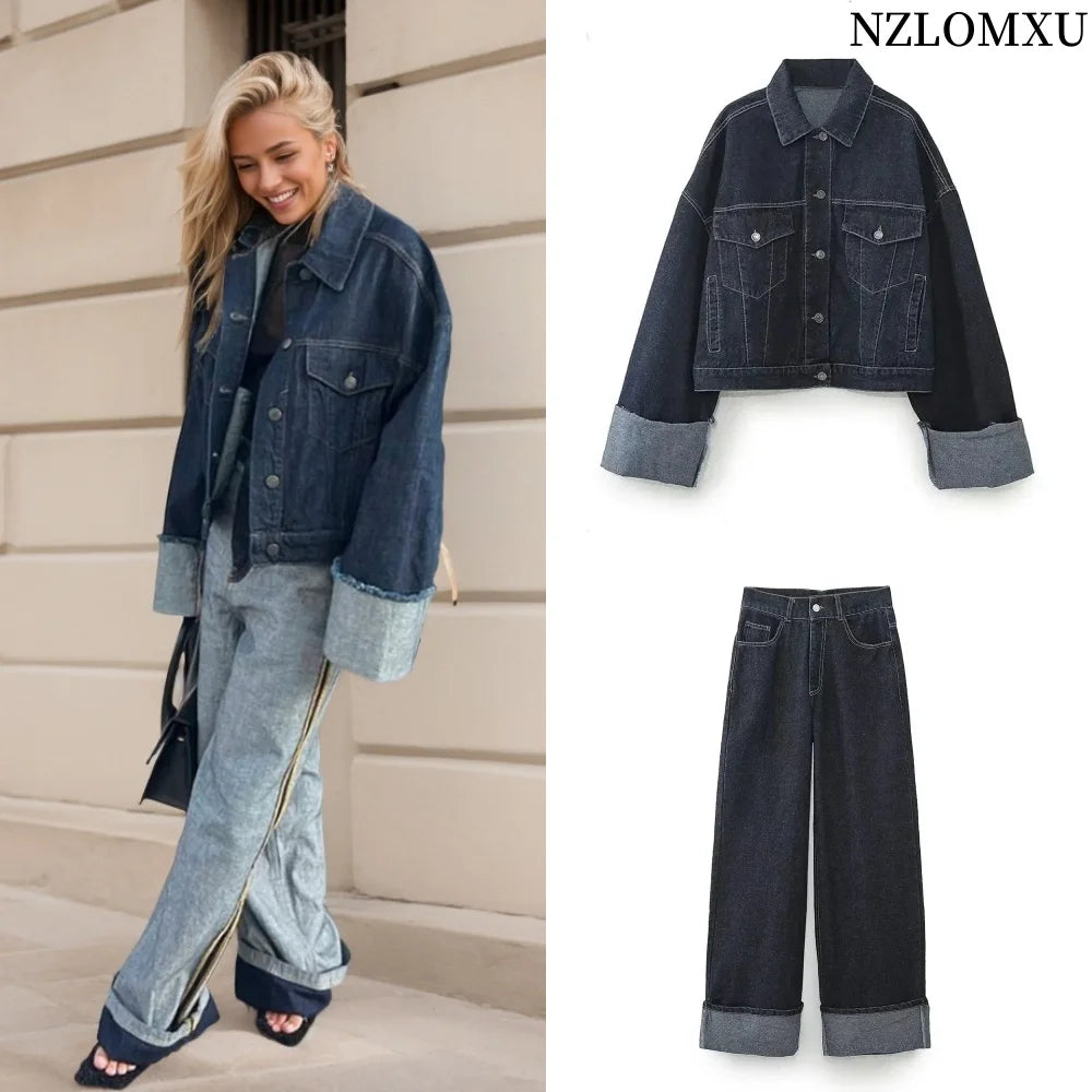 Denim Jacket And Wide Leg Jeans Set For Women Loose Fit Casual Autumn Outfit Versatile Everyday Wear