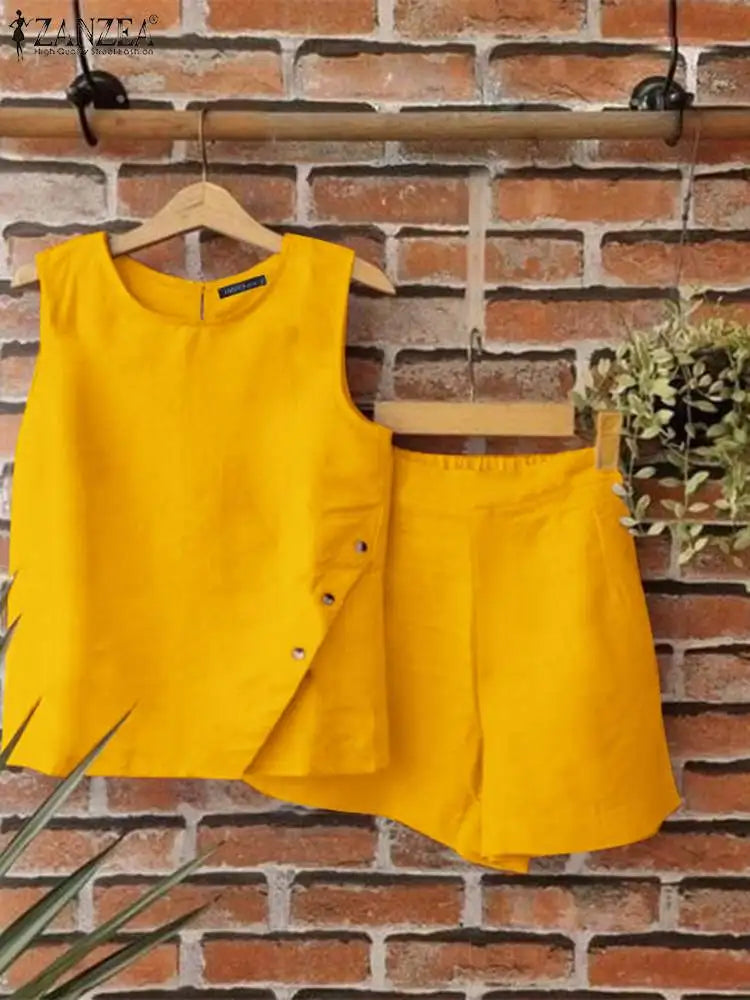 Women's Sleeveless Two Piece Shorts Set With Pockets, Casual Summer Outfit