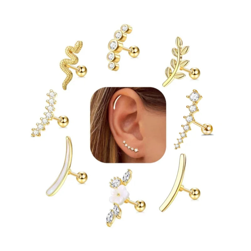 Stylish 16G Stainless Steel Screw Back Stud Earrings with Cubic Zirconia for Cartilage Conch Helix Ear Piercing.
