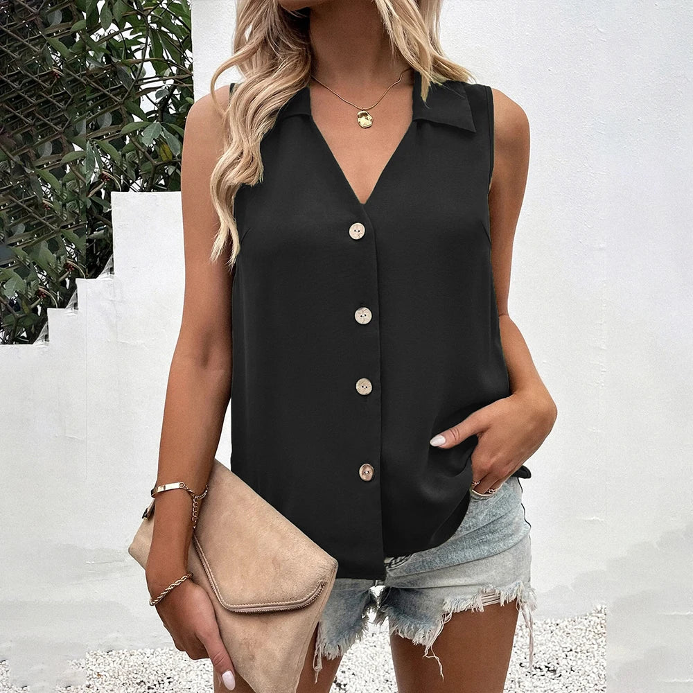 Stylish Chiffon Sleeveless Blouse for Women V Neck Button Down, perfect summer casual tank top for elegance and comfort.