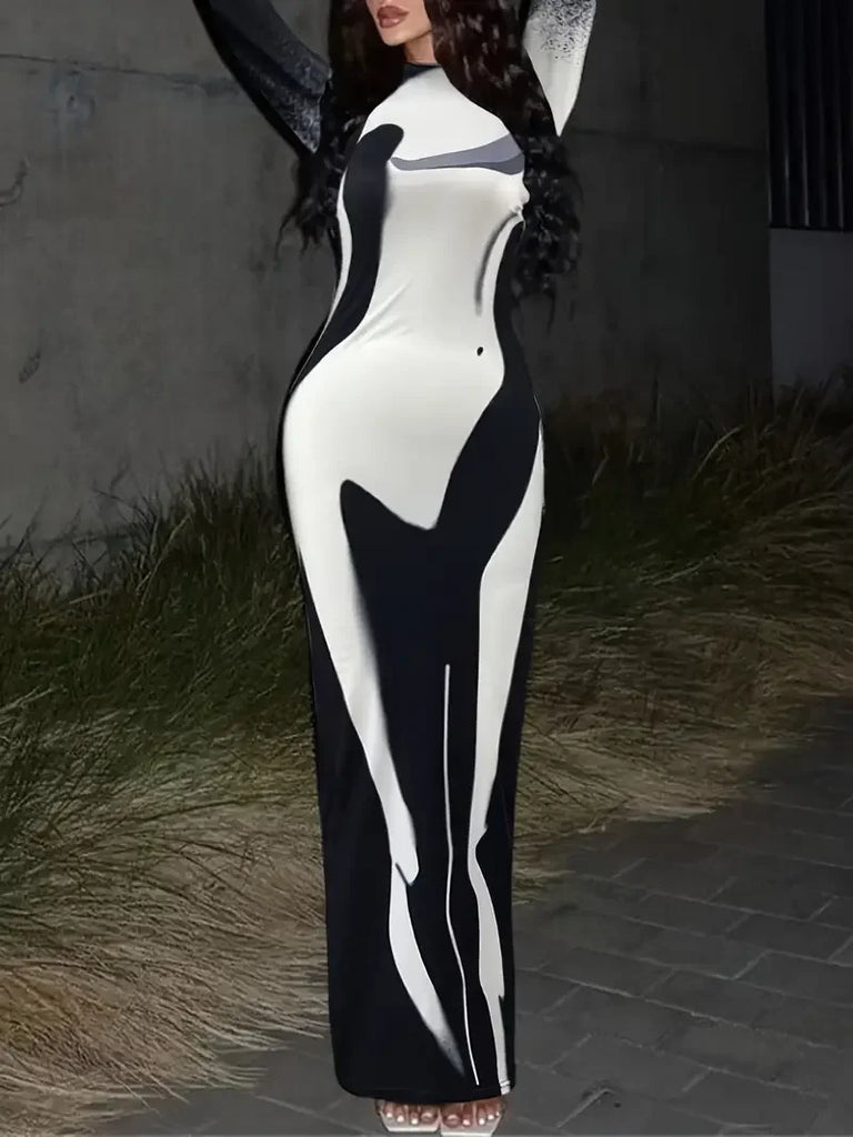 Color Block Maxi Dress With Mock Neck Long Sleeve Style