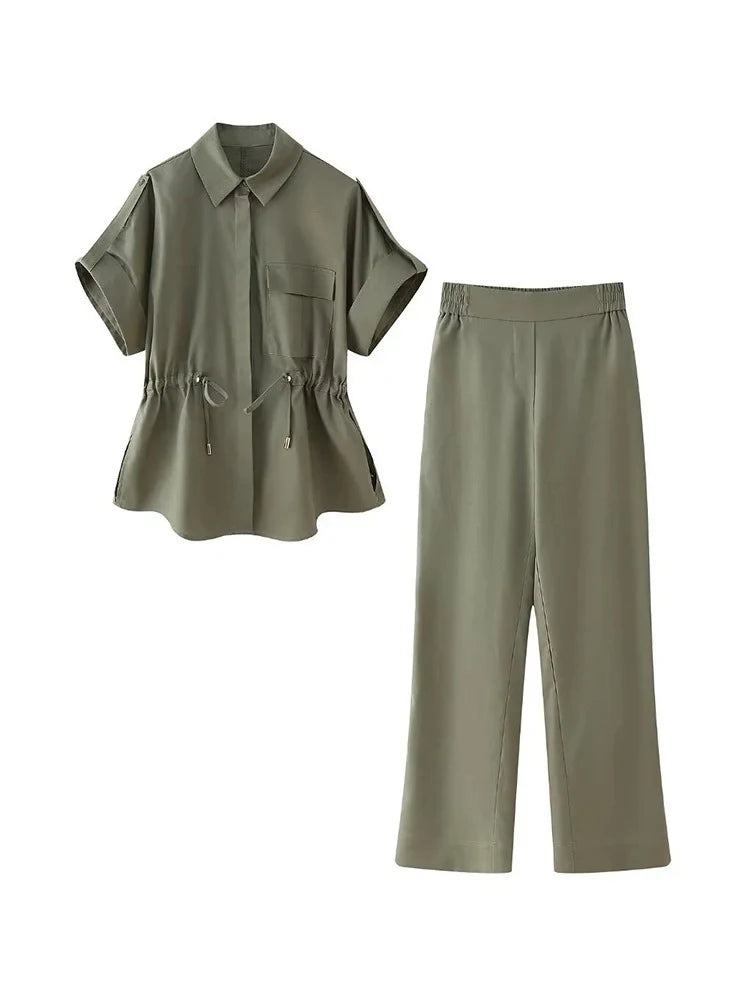 Women's Pantsuit Set With Lapel Short Sleeve Shirt and Solid Color Pants Elegant Casual Two Piece Suit