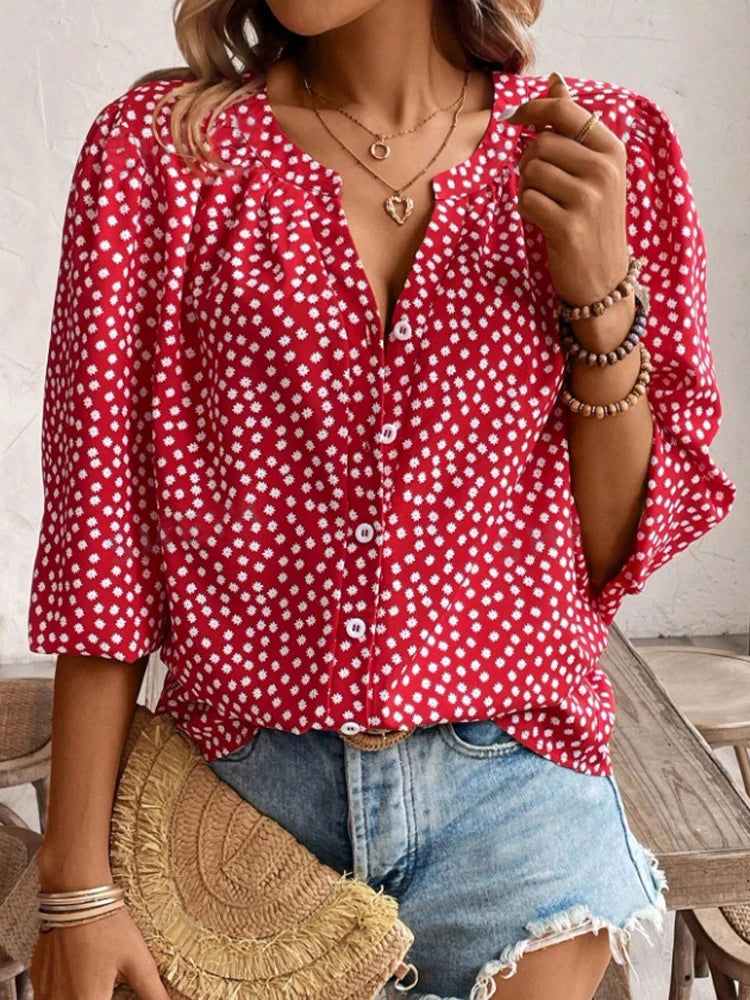 Bright red Women’s Vacation V-Neck Button-Up Mid-Sleeve Shirt with Open Gap and Single Row Buttons Casual Summer Top.
