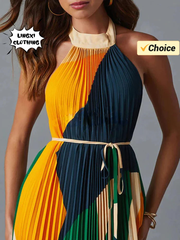 Elegant Backless Pleated Printed Dress For Summer Women