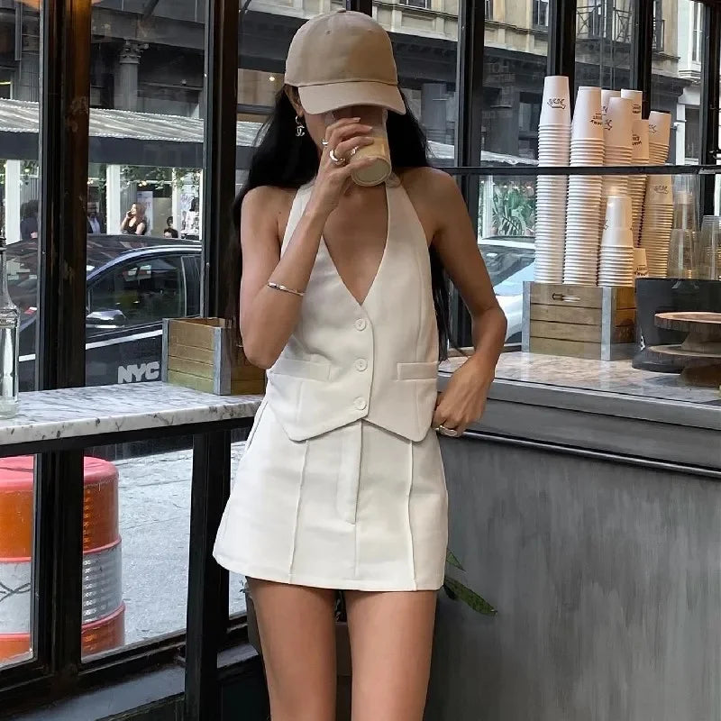 Casual V-Neck Sleeveless Tank Top and High-Waist Bodycon Hip Skirt Two-Piece Set for Women Retro Streetwear Fashion