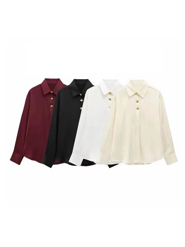 TRZA Long Sleeve Lapel Collar Blouse for Women with Fashion Gold Buttons chicly styled in four elegant colors for office wear.