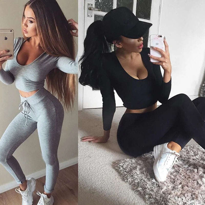 Stylish Y2K Women Two Piece Tracksuit Set with Crop Top and Leggings, perfect for modern casual wear.