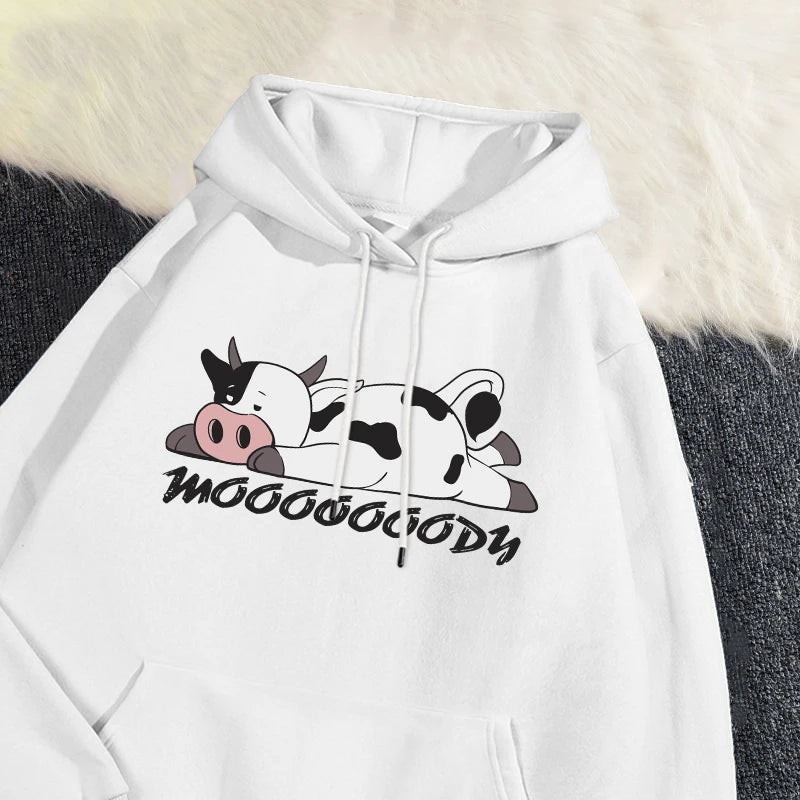 Kawaii Spotted Cow Print Hoodie for Women Breathable Fleece
