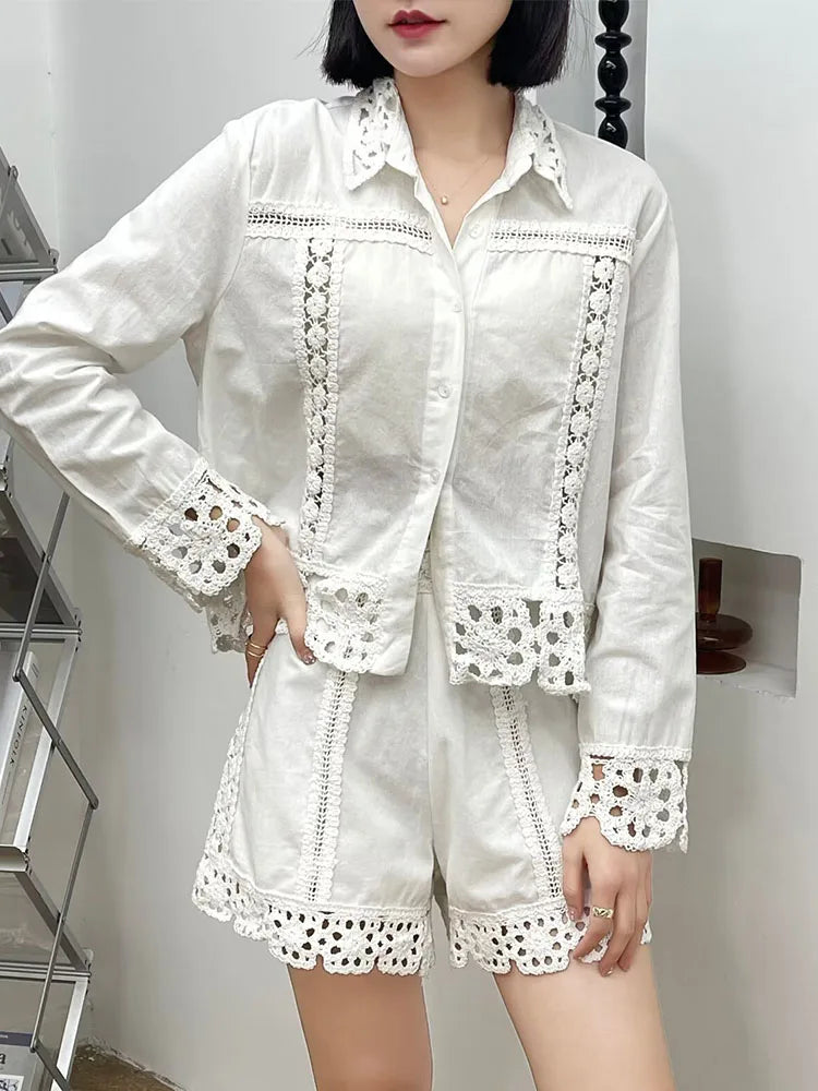 Women’s Elegant Two-Piece White Embroidered Shirt and Shorts Set Casual Summer Fashion Streetwear, perfect for warm days.