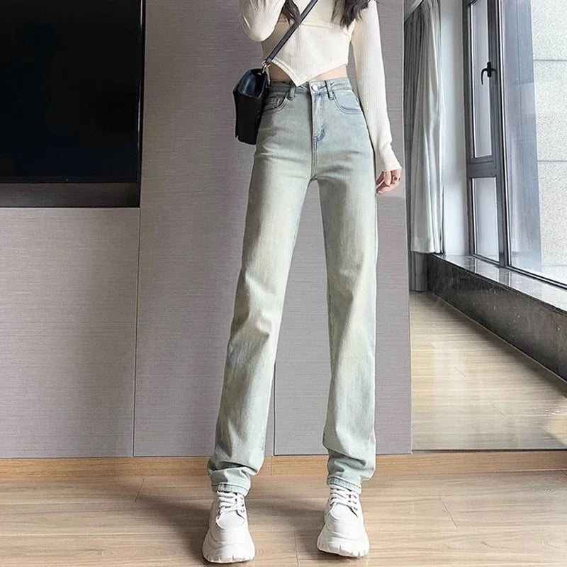 High Waist Straight Leg Jeans Women Y2K Yellow Denim