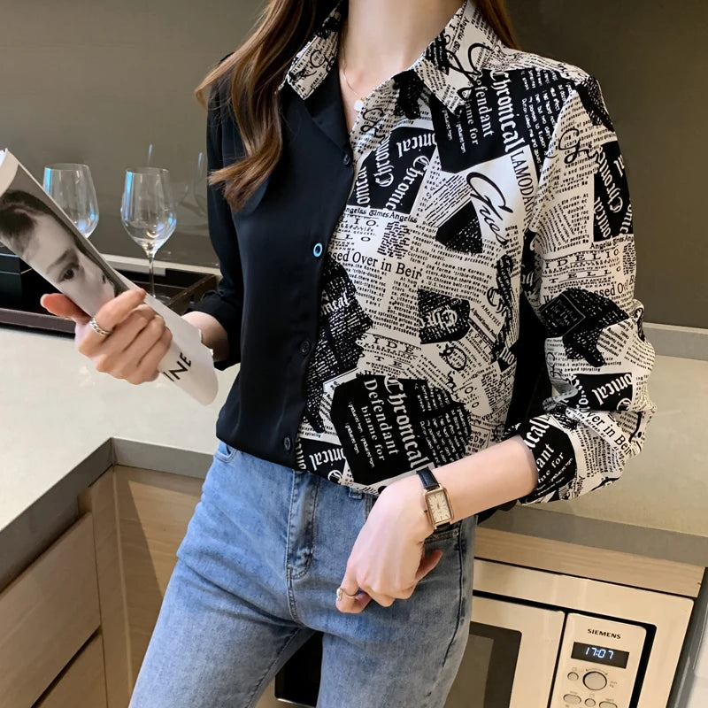 Womens Long Sleeve Contrast Letter Print Shirt Turn-Down Collar Button Up Blouse for stylish spring summer outfits.