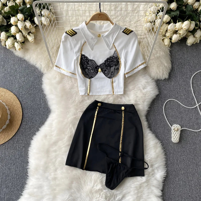 Women Sexy Lace Patchwork Hollow Skirt Suit Set with Turn-Down Collar Top Mini Skirt and Underpants 3-Piece Erotic Pajamas for Cosplay
