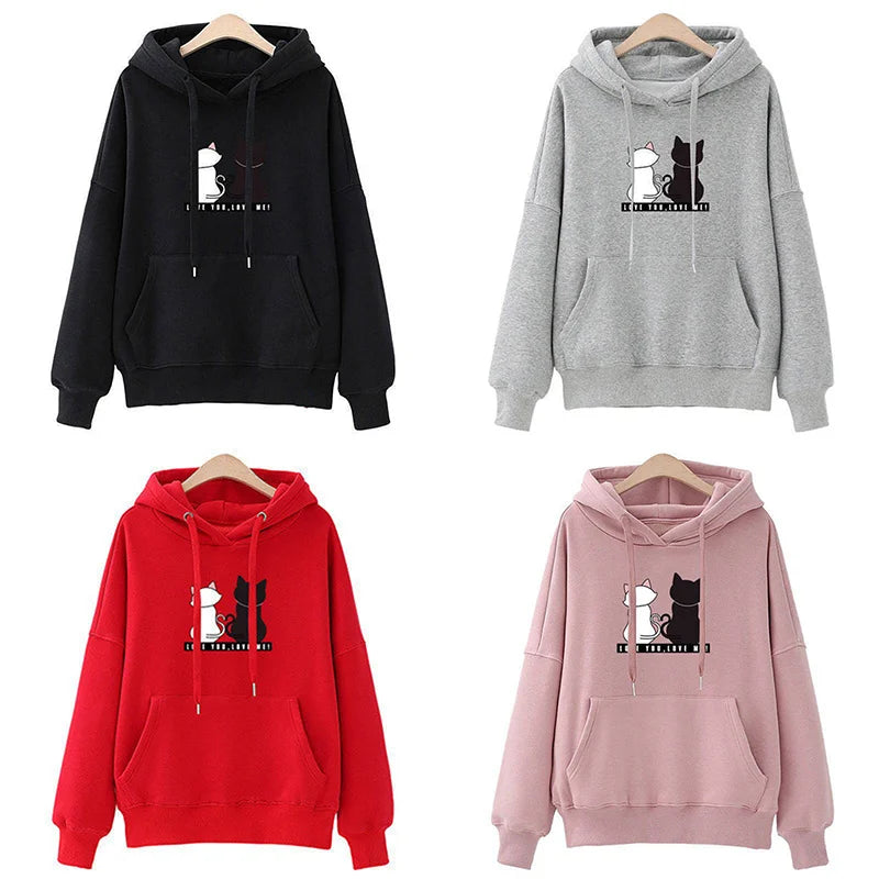 Women Cat Pattern Hoodie Monogram Streetwear Sweatshirt