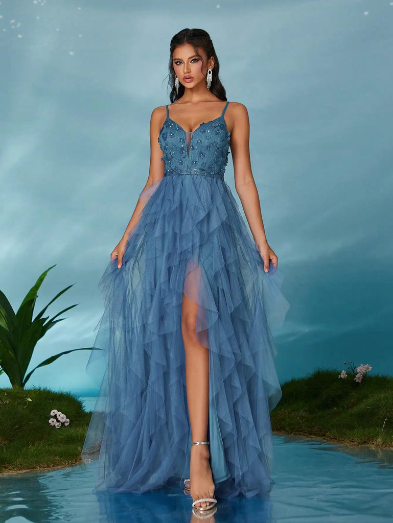 V Neck Embroidered Mesh Lotus Skirt With Wide Slit Design